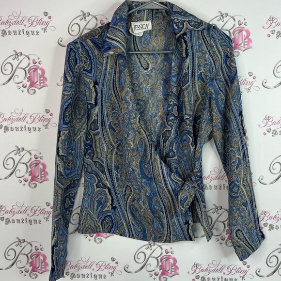 Jessica top wrap style top paisley Blue and Gold Paisley shirt y2k blouse - Picture 1 of 9
